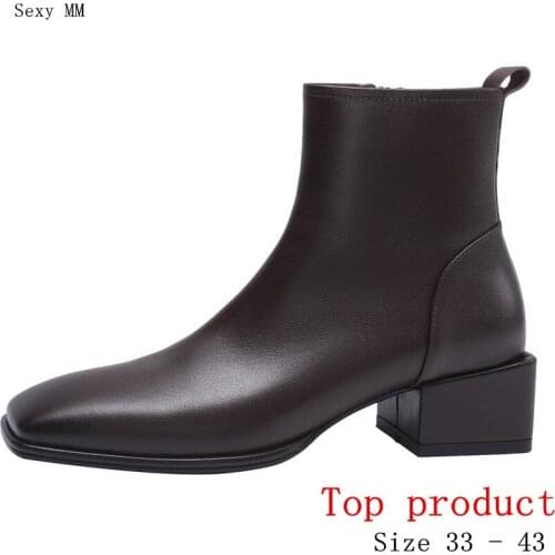 Spring Autumn Low Med Heels Women Ankle Boots Woman Short Boots Med Heel Shoes Genuine Leather Small Plus Size 33 - 40 41 42 43