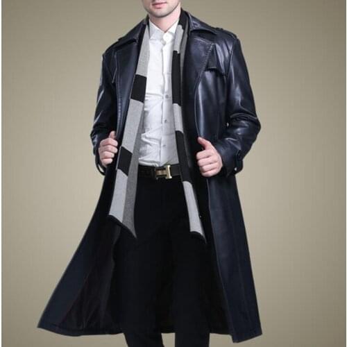Thicken long leather coats men trench coats business fashion black clothes mens leather jackets and coats winter biker B400