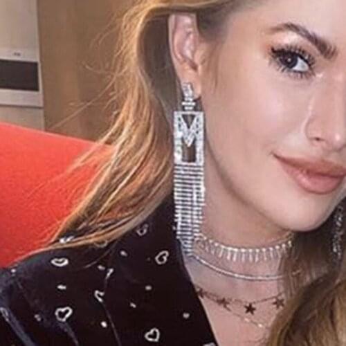 Europe and America Trendy Long M Women Earrings Rhinestone Geometric Shining Jewellery Fashion Party Gift