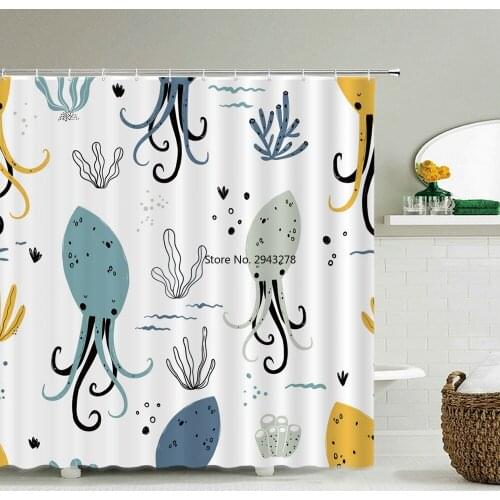 Cartoon Octopus Shower Curtains Bathroom Polyester Waterproof Shower Curtain Cute Ocean Child Print Curtains for Bathroom Shower