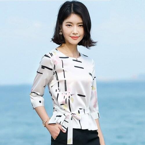 Womens Spring Summer Style Blouse Shirt Womens O-neck Printed Bow Elegant Long Sleeve Casual Korean Tops DD8391