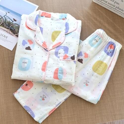 Korean womens pyjamas spring, summer, autumn pure cotton yarn comfortable breathable long sleeve pants dress pyjamas thin set