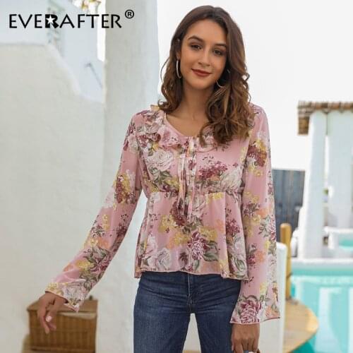 EVERAFTER Elegant long sleeve floral v-neck women blouses shirt spring bow casual lady office holiday beach chiffon blouse tops