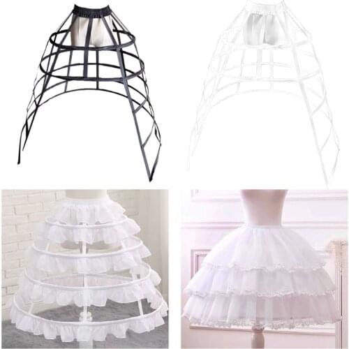 Women 5 Hoops Skirt Pannier Petticoat Hollow Bird Cage Cutout Crinoline Underskirt Ruffles Elastic Waist Lolita Bustle