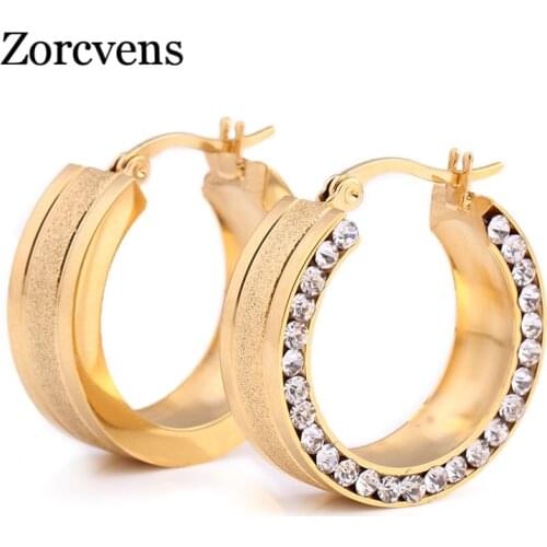 ZORCVENS 2020 New Rose Gold Color Stainless steel Earring for Women Round White Crystal Cubic Zirconia Hoop Earrings for Women