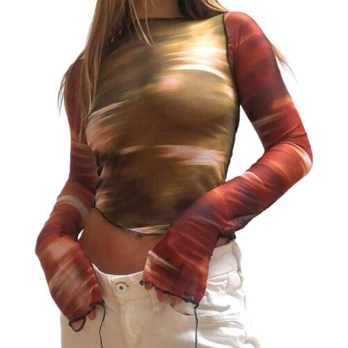 New Womens Abstract Printed Tops 90s E girls Long Sleeve Asymmetrical Hem Slim Fitting T-Shirts Mesh Tees Club Streetwear Tops
