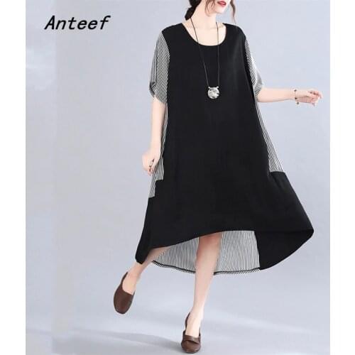 Short sleeve plus size cotton vintage stripe dresses for women casual loose long summer dress elegant clothes 2021 sundress