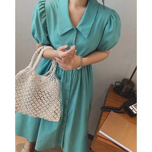 2021 Womens Green Summer Puff Sleeve Shirt Dress Za Woman Y2k Maxi Long Sundress clothes Tunics Robe Urban Evening Wedding Boho