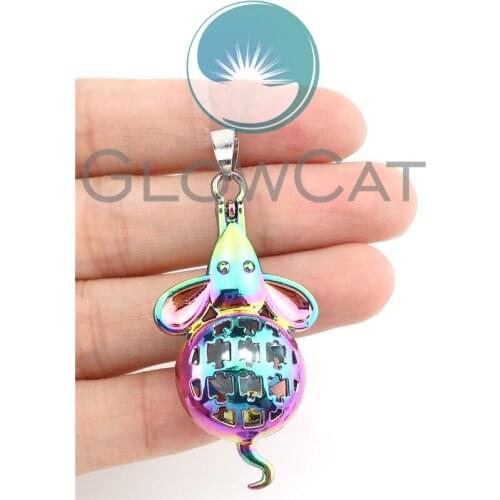 5X C115 Rainbow Colors Mouse Shape Pendant Cage Animal Making Oil Diffuser Beads Buckle Locket Jewelry
