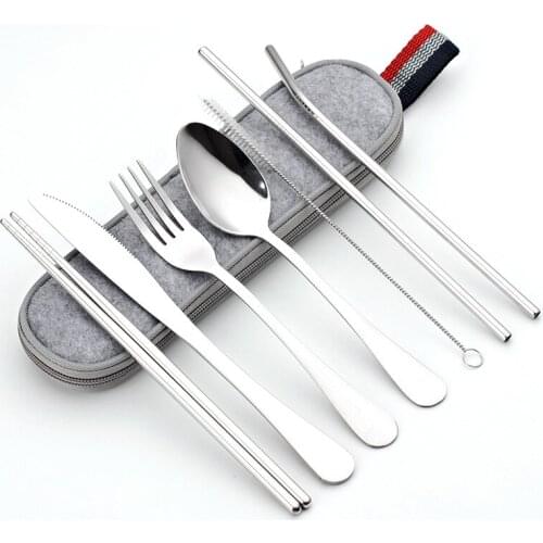 8Pcs/set Portable Tableware Set Spoon Fork Knife Straw Flatware Reusable Travel Camping Cutlery Set Stainless Steel Cutlery Set