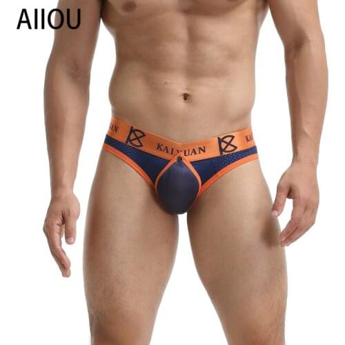 AIIOU Sexy Gay Underwear Mesh Man Briefs Open Crotch Pouch Male Panties Gay Cuecas Breathable Mens Underpants Male Lingerie