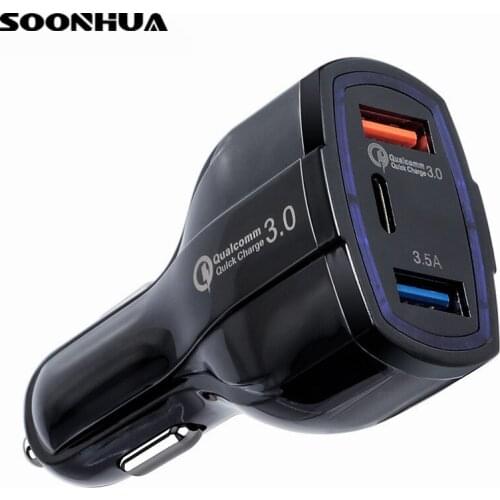 SOONHUA QC3.0 USB 3 Ports Car Charger Smart Auto Car Charger Adapter Dual USB+Type-C Fast Charging Car Mobile Phone Chargers