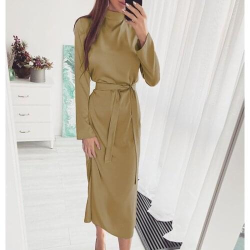 Elegant Solid Half High Collar Women Slim Long Dress Autumn Ladies Long Sleeve Sashes Party Dress Casual Pullover Dress Vestido
