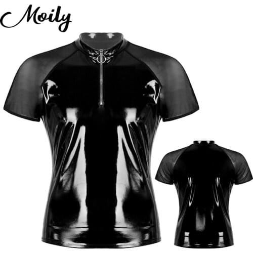 Mens Fashion Wet Look Patent Leather Round Neck Sheer Mesh Short Sleeves Half Front Zipper T-Shirts Tops Evening Party Clubwear
