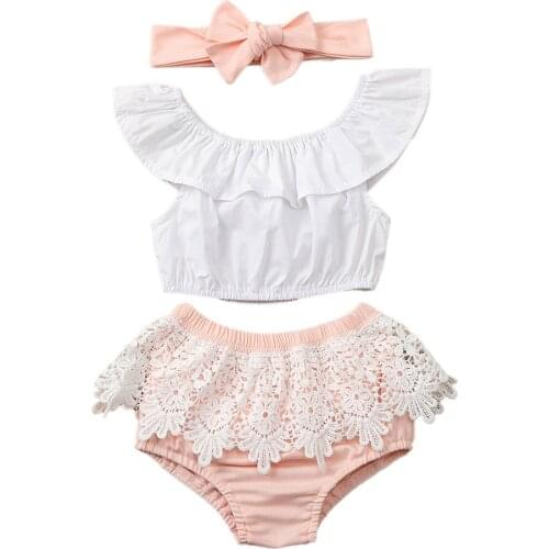 Pudcoco 2020 Summer Newborn Baby Girl Outfits Ruffle Clothes Crop Top Shirt Lace Pants Shorts Headband Kids Clothign Set 3PCS