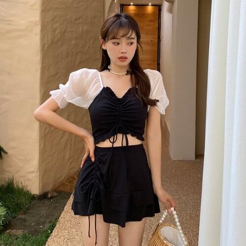 Tankini Swimsuit Women Fused Bikini Set Rashguard Hot Girl Summer 2021 Three Piece Suit Slim Skirt Korean Print Polyester Sierra