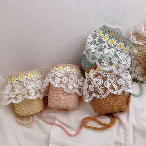 Sweet Floral Summer Straw Basket Bucket Bags for Baby Girls Fashion Shoulder Crossbody Woven Holiday Beach Bag