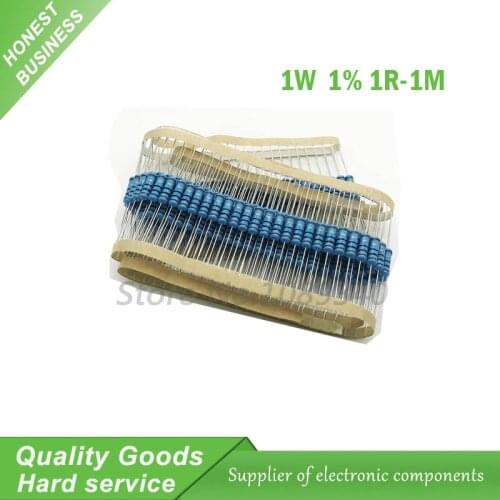 50pcs 1W Metal film resistor 5 color ring 1% 1R - 1M 1R 22R 100R 220R 470R 1K 10K 22K 100K 150K 220K 10 22 47 100 220 470 ohm