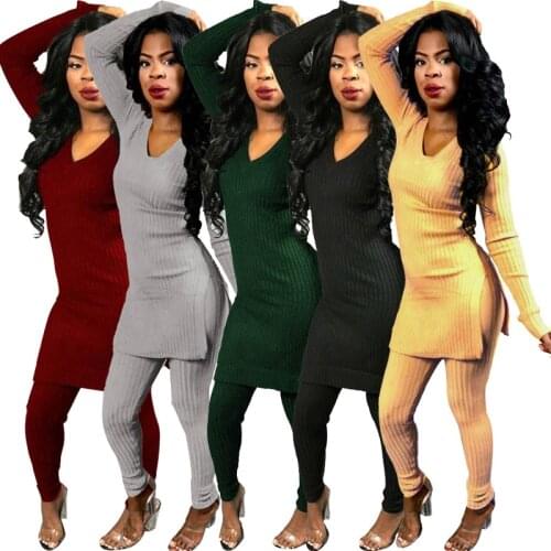 Fashion Two Piece Set Top and Pants Spring Clothes Tracksuit Women Sweater Ribbed Matching Sets Outfits Ensemble Femme 2 Pieces