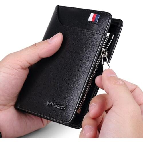 Mens wallet 100% leather short wallet zipper wallet fashion casual credit card wallet black