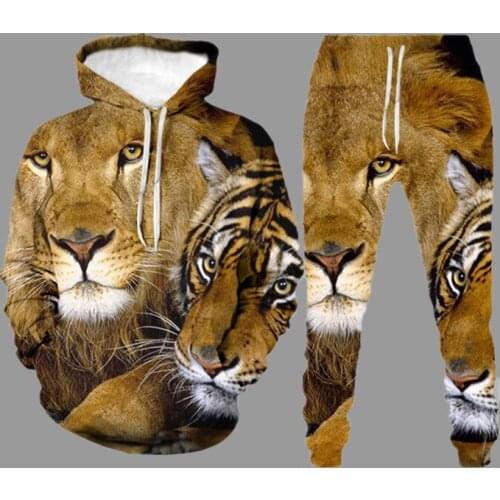 2021 Autumn Trendy Hoodie Sweatshirt Mens Sets Lion 3d Printed Hip Hop Funny Clothing Outfits Long Sleeve Tops and Pants Suit