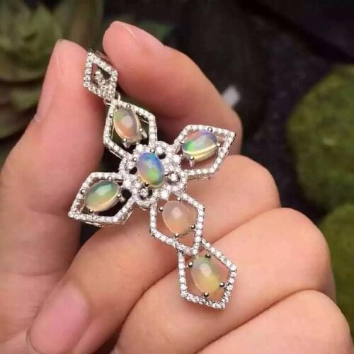 Natural opal pendant S925 silver Natural gemstone Pendant Necklace trendy Elegant Luxury large cross women girl party jewelry