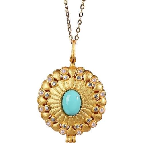 S925 sterling silver gold plated southern red agate turquoise Jasper can open perfume bag ladies clavicle chain pendant