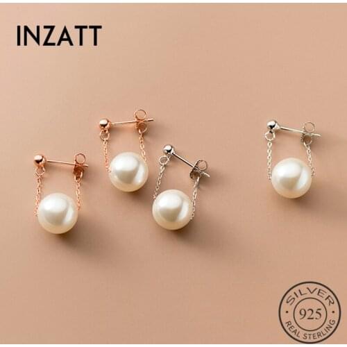 INZATT Real 925 Sterling Silver Round Pearl Chain Hoop Earrings For Fashion Women Party Fine Jewelry Punk Minimalist Accessories