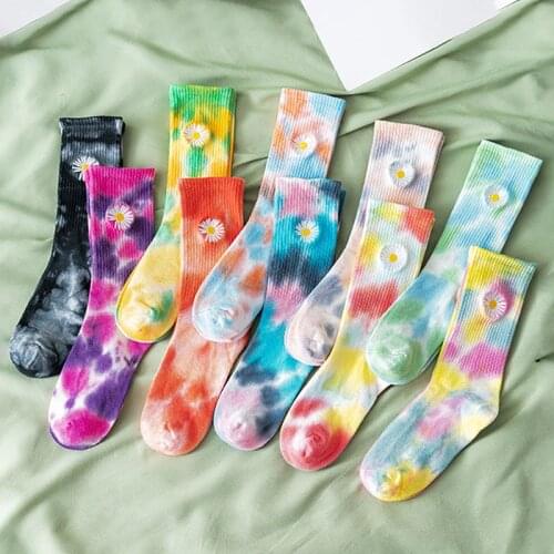 LUCKY ZONE Spring Fashion Cotton Small Daisy Personality Socks Embroidered Tube Socks Fashion Tie-dye Trendy Womens Socks WXW