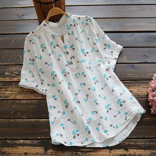 6321 Summer Women Cotton Literary Print Short Sleeve Shirt Japan Style Mori Girl V-Neck Loose Pullover Women Blouse