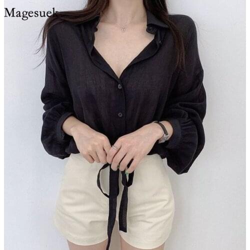 Summer 2021 Chic New Shirt for Women Solid Polo Neck Bandage Black Long Sleeve Shirt Simple Casual Office Lady Tops Blusa 15623