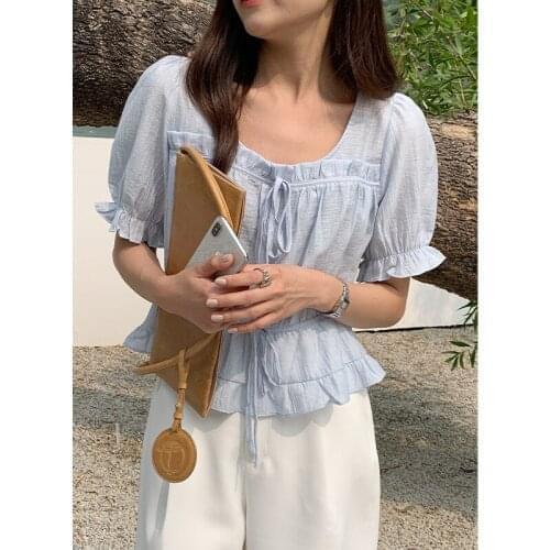 2021 summer Meral new round neck Korean T-shirt womens Ruffle lace up top solid color base chiffon shirt
