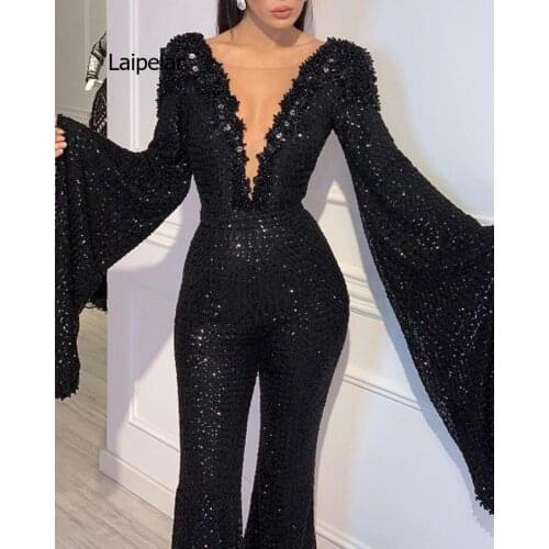 Women Jumpsuit Sequin Elegant Casual Womens V-Neck Bat-Sleeved Top Black Solid Straight Fashion Long Jumpsuits
