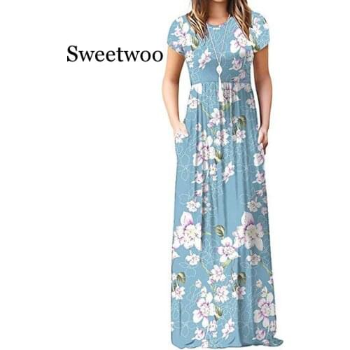 SWEETWOO Floral Printed Ankle Length Long Dress Bohemian Summer Women Maxi Dresses Beach Sundress Maxi Dress S-2XL O-Neck