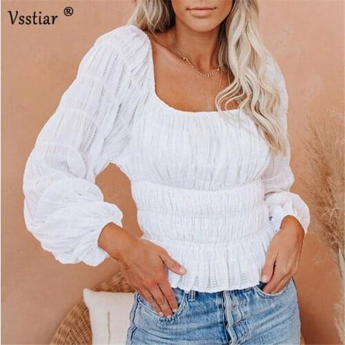 Ruched Blouses Women Elegant Long Sleeve Blouse Shirts Sexy Square Collar Pleated Skinny Clothes Autumn Winter Casual Tops