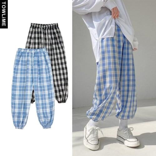 Summer Mens Ice Silk Thin Cool Full-Length Pants Student Plaid Wide-Leg Trousers Women Loose Sweatpants Joggers Pantaloons