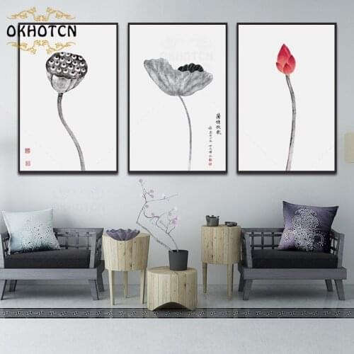 Chinese Style Ink Painting Lotus Lotus Seed Lotus Leaf Artistic Conception Painting HD Print Poster Classical Furniture Decor