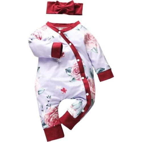 Baby Rompers Hair Band Long Sleeve Single Breasted Round Neck Floral Print Spring Autumn Jumpsuit For Newborn