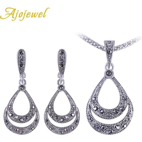 Ajojewel Womens Black Rhinestone Water Drop Retro Vintage Jewelry Set Ladies Earring And Necklace Sets