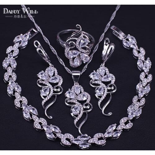 Ring Bracelet set Silver Color Female Jewelry Sets 5 Colors AAA Zircon Leaf Shape Necklaces Drop Earrings Jewelry Sets