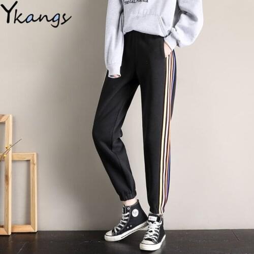 Summer Elastic High Waist Harem Pants Joggers Women Baggy Pants Soft Harajuku Solid Stripe Streetwear Loose Womens Sports Pants