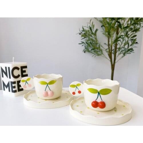 Girly Heart Cute Hand-painted Cherry Coffee Cup and Saucer Set Simple Niche Afternoon Tea Dessert Coffee Shop