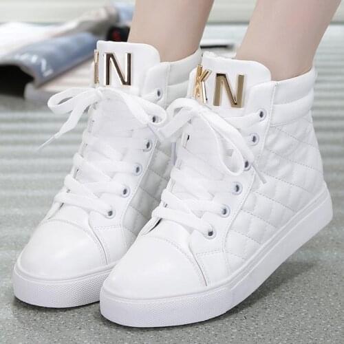 XJRHXJR Fashion High Top Sneakers Canvas Shoe Women Casual Shoes White Flat Female Basket Lace Up Solid Trainers Chaussure Femme
