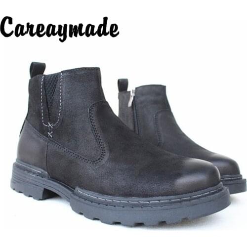 Careaymade-Winter real leather pure wool high-end thick soled mens shoes warm sheep fur one casual all leather short boots