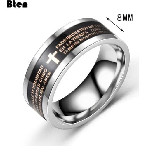 Bten Stainless Steel Cross Scripture Ring Men Fashion Silver Color Male Charming Jewelry Gifts High Quality Smooth Finger Rings