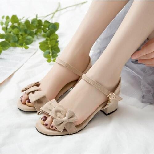 YQBTDL New Reach Chunky Heels Cute Bowtie Sweet Woman Sandals 2020 Summer Black Beige High Heel Sandal Lolita Shoes Summer 2020