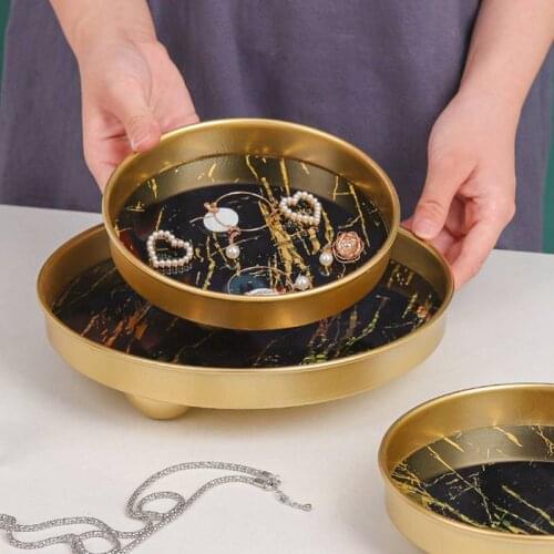 New Luxury Black Marble Pattern Mirror Tray Cosmetics Jewelry Storage Tray Metal Round Plate Dressing Table Decoration 2021