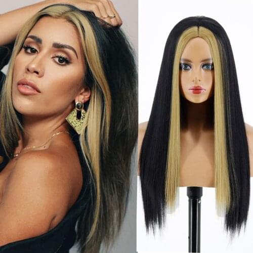 VOGUESI Black Long Straight Wig For Women Both Sides Gold Hair Middle Part Heat Resistant Wavy Cosplay Wigs For Cool Girl