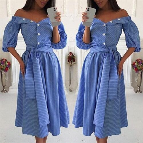 Women Blue Striped Sash Tie Up Ladies Off Shoulder Loose Knee-Length Dress 2019 Summer Fashion Beach Dress Elegant Women Clothes
