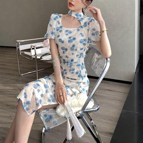 Beach Sundresses for Women Summer 2021 Short Sleeve Casual Vintage Midi Dress Females Floral One Piece Dress Korean Design Boho